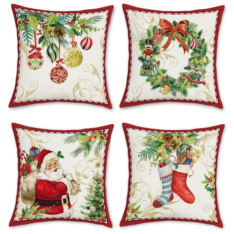 Bonhause Christmas Throw Pillow Covers 18x18 Inch Santa Claus Merry Christmas Wreath Bells Socks Winter Holiday Decorative Pillows for Couch Sofa Bed Home Xmas Decor Set of 4 - Image 2