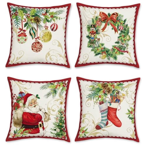 Bonhause Christmas Throw Pillow Covers 18x18 Inch Santa Claus Merry Christmas Wreath Bells Socks Winter Holiday Decorative Pillows for Couch Sofa Bed Home Xmas Decor Set of 4 - Image 1