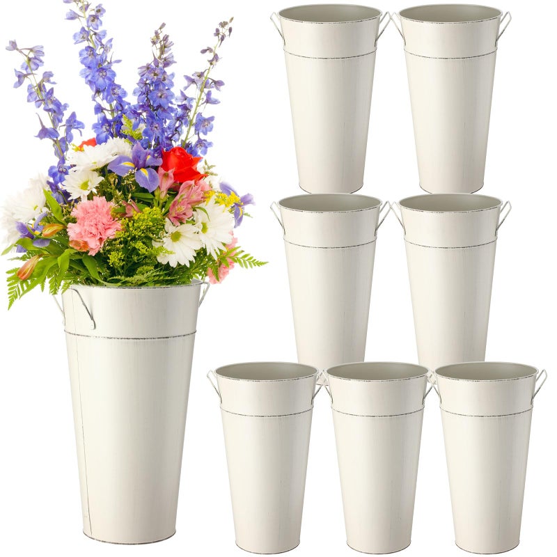 Zubebe 8 Pcs 138 Inch Galvanized Flower Bucket Metal Vases for Flowers Farmhouse Rustic French Flower Bucket with Handle for Wedding Centerpieces Vintage Home Dry Floral Table DecorWhite