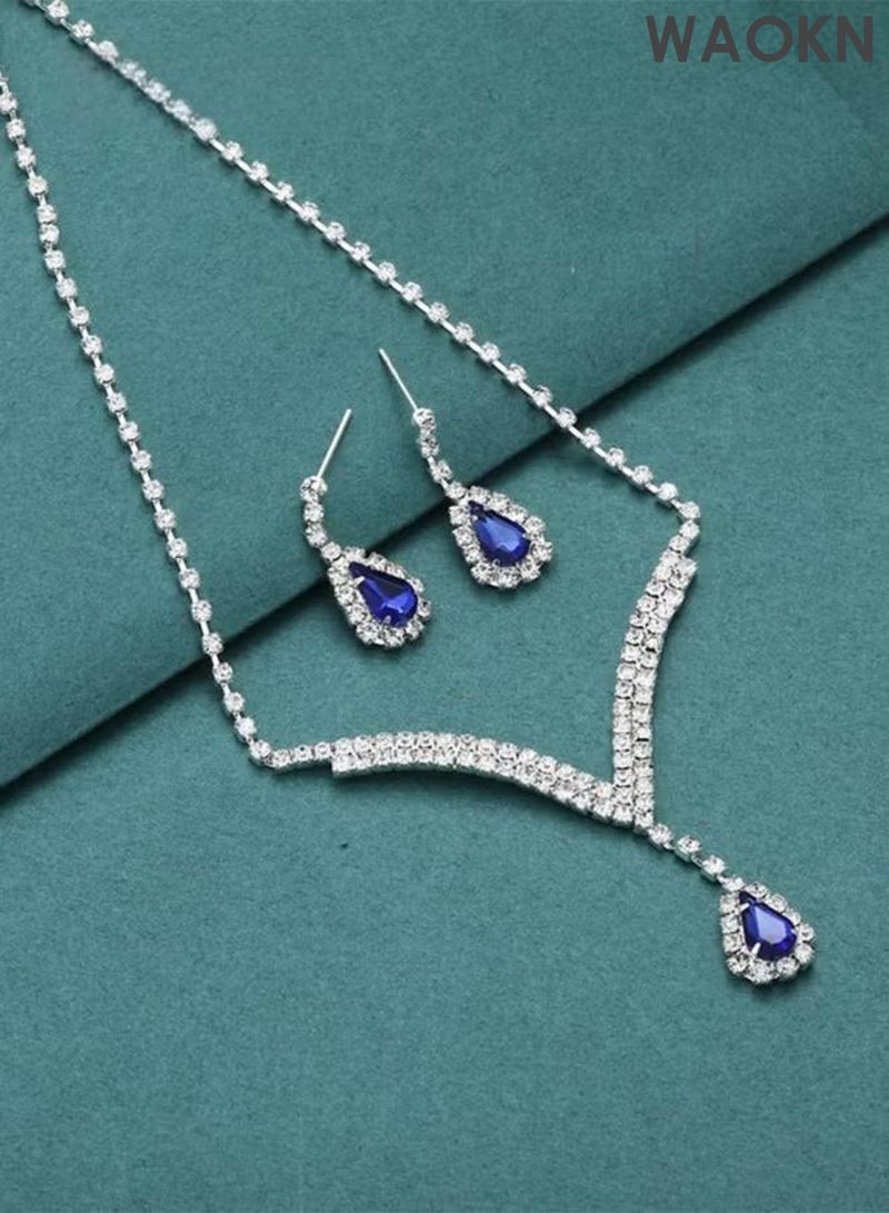 WAOKN 3 Pcs Zircon Necklace Earrings Set ,Ear Drop Dangle Diamond Bridal Dress Accessories ,Elegant and Noble Jewelry Gift , Suitable for travel souvenirs, birthday gifts , Fashionable and trendy, classic and versatile ,blue. - Image 2