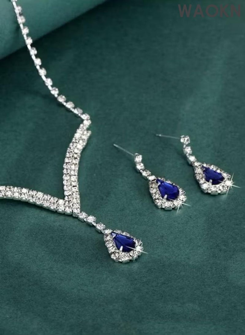 WAOKN 3 Pcs Zircon Necklace Earrings Set ,Ear Drop Dangle Diamond Bridal Dress Accessories ,Elegant and Noble Jewelry Gift , Suitable for travel souvenirs, birthday gifts , Fashionable and trendy, classic and versatile ,blue. - Image 5