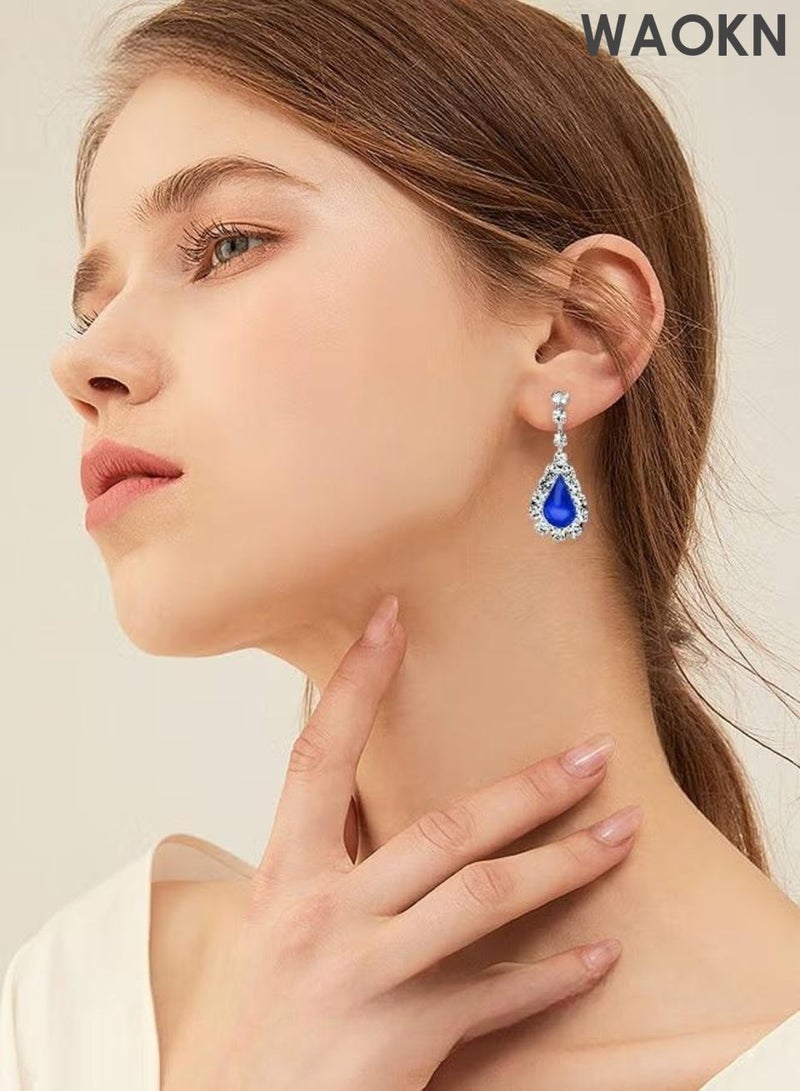 WAOKN 3 Pcs Zircon Necklace Earrings Set ,Ear Drop Dangle Diamond Bridal Dress Accessories ,Elegant and Noble Jewelry Gift , Suitable for travel souvenirs, birthday gifts , Fashionable and trendy, classic and versatile ,blue. - Image 4