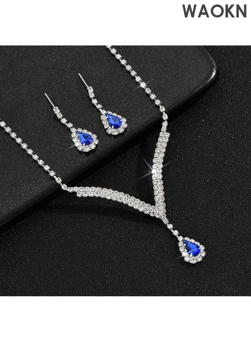 WAOKN 3 Pcs Zircon Necklace Earrings Set ,Ear Drop Dangle Diamond Bridal Dress Accessories ,Elegant and Noble Jewelry Gift , Suitable for travel souvenirs, birthday gifts , Fashionable and trendy, classic and versatile ,blue. - Image 1