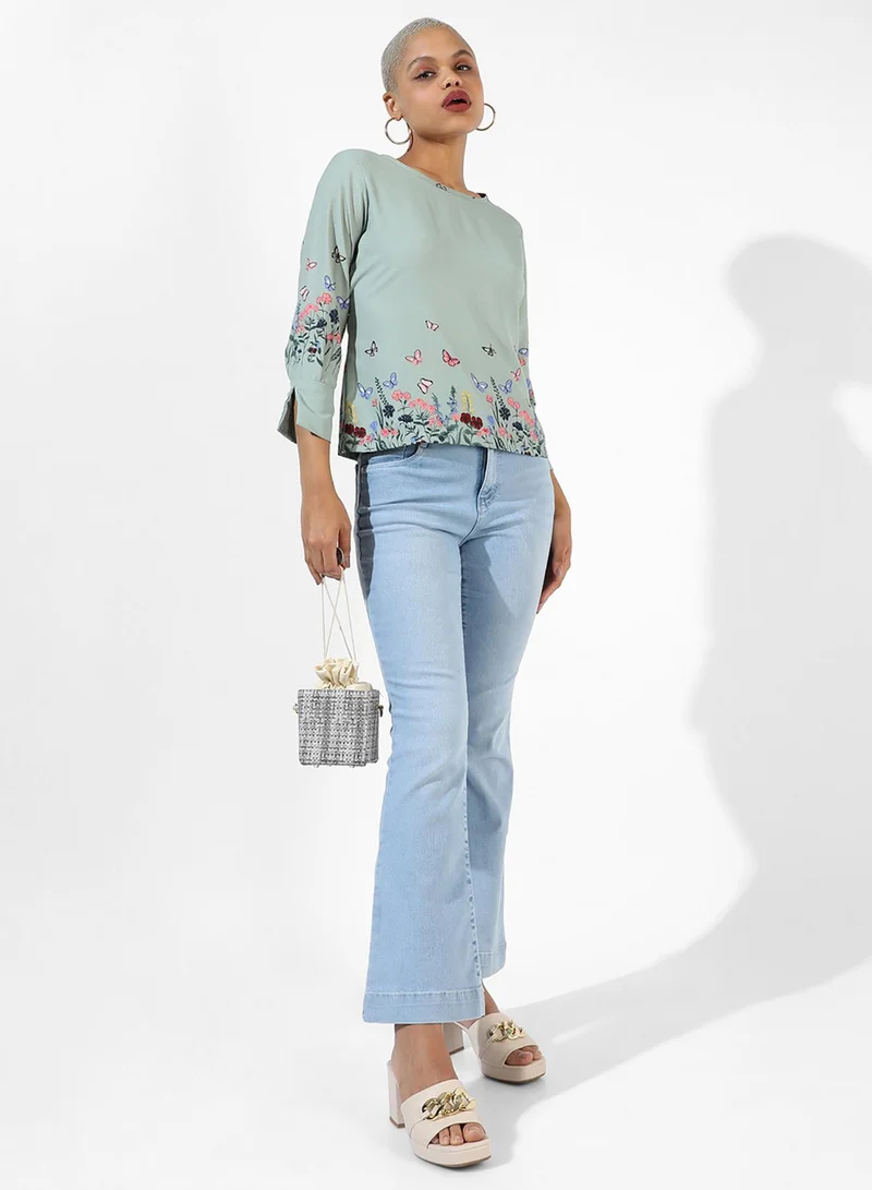 بينيا كولادا PINACOLADA Women's Sage Green Printed Regular Fit Top For Casual Wear | Crewneck | Quarter Sleeve | Top Crafted With Regular Sleeve, Comfort Fit & High-Performance For Everyday Wear