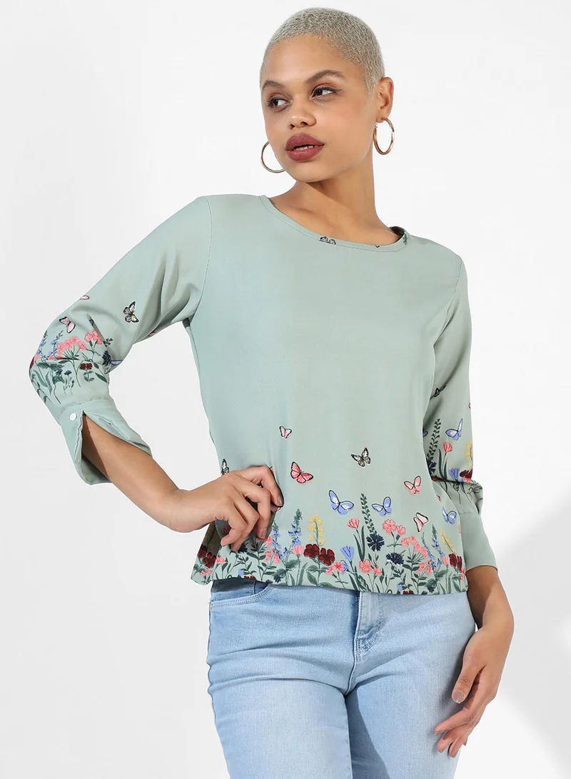 بينيا كولادا PINACOLADA Women's Sage Green Printed Regular Fit Top For Casual Wear | Crewneck | Quarter Sleeve | Top Crafted With Regular Sleeve, Comfort Fit & High-Performance For Everyday Wear