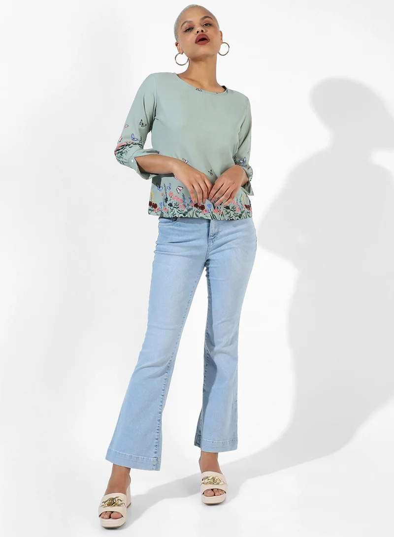 بينيا كولادا PINACOLADA Women's Sage Green Printed Regular Fit Top For Casual Wear | Crewneck | Quarter Sleeve | Top Crafted With Regular Sleeve, Comfort Fit & High-Performance For Everyday Wear