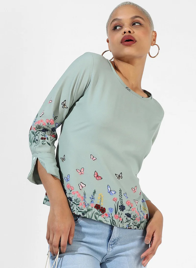 بينيا كولادا PINACOLADA Women's Sage Green Printed Regular Fit Top For Casual Wear | Crewneck | Quarter Sleeve | Top Crafted With Regular Sleeve, Comfort Fit & High-Performance For Everyday Wear