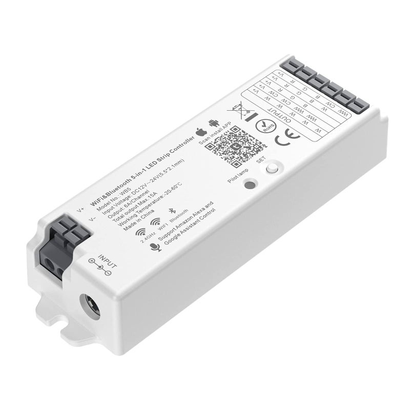BTFLIGHTING 5in1 WB5 24GHz Tuya WiFi PWM LED Controller Compatible with AlexaGoogle HomeSmart LifeTuya Smart APP Control for Dimming CCT RGB RGBW RGBCCT LED Strip Work with WR01RF WR02RF etc