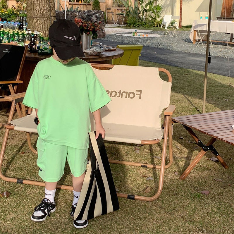 Foreign Trade Childrens Wear Boys Cotton suit Summer New Korean Casual Loose Short-sleeved Shorts Two-piece Trendy Green suit 1006