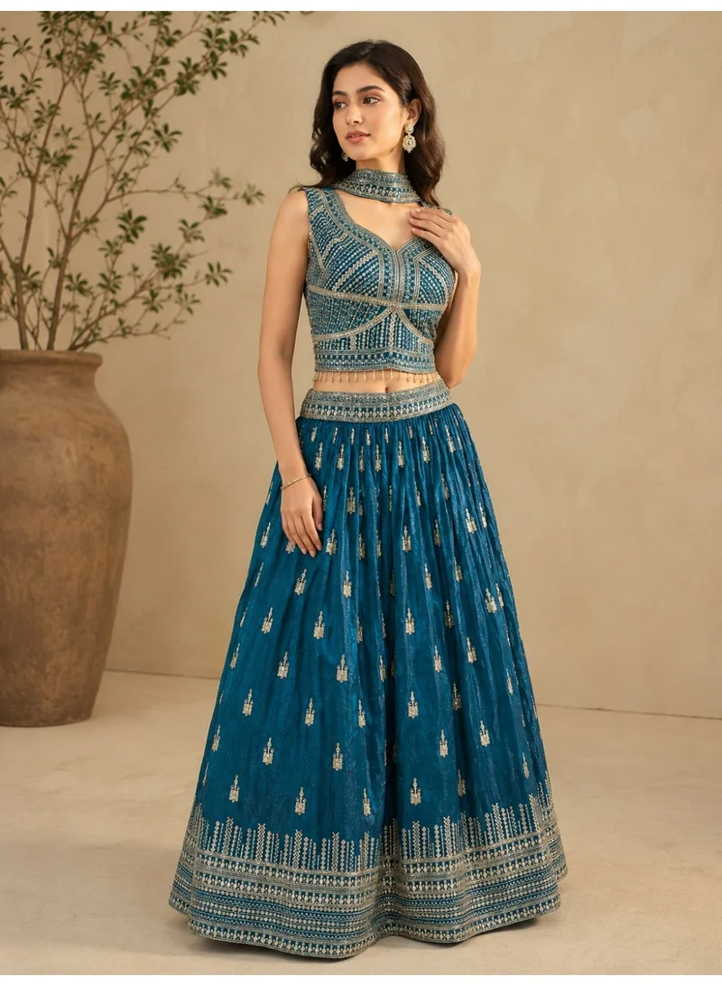 Lehar Teal Blue Printed Lehenga Set with Embellished Sleeveless Blouse & Dupatta