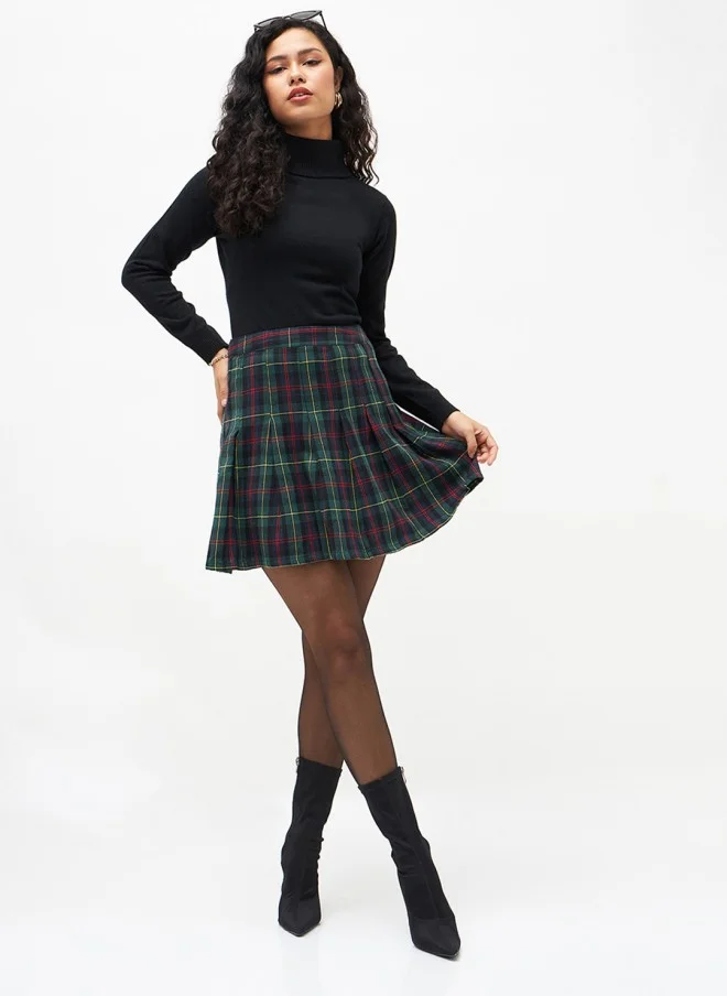 ساسافراس Green & Navy Blue Checked A-Line Skirt for Women