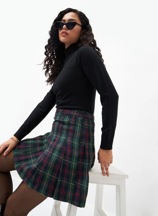 ساسافراس Green & Navy Blue Checked A-Line Skirt for Women