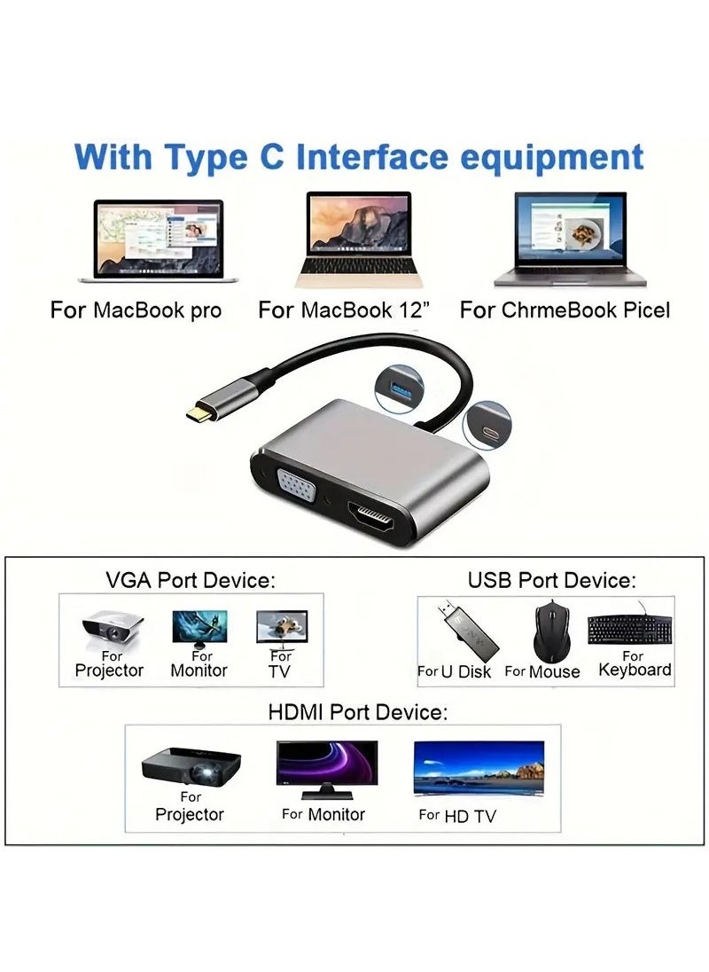 Arabest USB C Hub, USB 3.0 Hub Splitter, Type C to HDMI 4K VGA USB3.0 Audio Video Converter Charging Port Hub Adapter for All Computers, TVs, laptops Grey  - Image 4