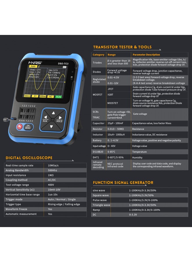 FNIRSI مذبذب FNIRSI DSO-TC3 - مذبذب محمول 3 في 1 ومولد إشارة DDS ومختبر ترانزستورات، عرض نطاق 500 كيلو هرتز ومعدل أخذ عينات 10MSa/s، 6 أنواع من الموجات، قياس الترانزستورات - Image 2