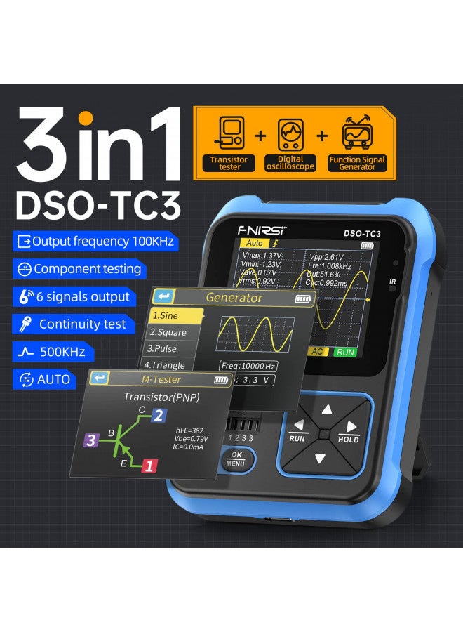 FNIRSI مذبذب FNIRSI DSO-TC3 - مذبذب محمول 3 في 1 ومولد إشارة DDS ومختبر ترانزستورات، عرض نطاق 500 كيلو هرتز ومعدل أخذ عينات 10MSa/s، 6 أنواع من الموجات، قياس الترانزستورات - Image 1