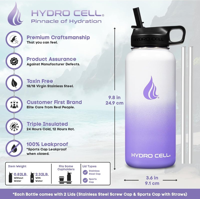 HYDRO CELL Stainless Steel Insulated Water Bottle with Straw - For Cold & Hot Drinks - Metal Vacuum Flask with Screw Cap and Modern Leakproof Sport Thermos for Adults (Lavender/White 32oz) - Image 2