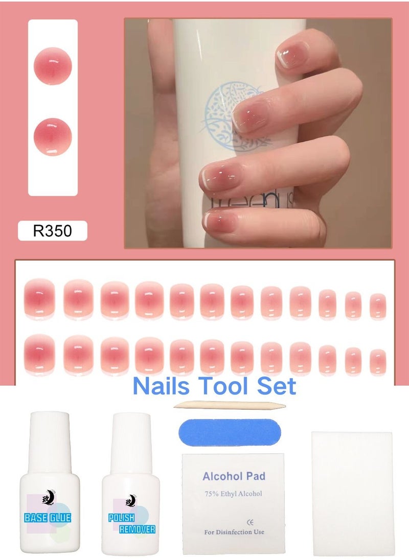 ponny 24 Pieces False Nails with Glue Tool Set Mixing colors Gentle Red and Pink Press on Nails Simple Salon Nails French Style Nude Colour Cosmetics Makeup Nails for Ladies Girls Gift  - Image 1