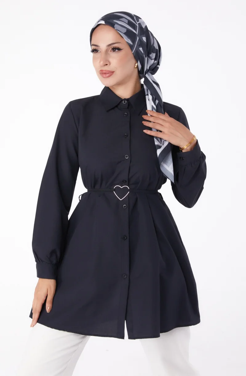 Tofisa Plain Shirt Collar Women's Black Tunic - 13280