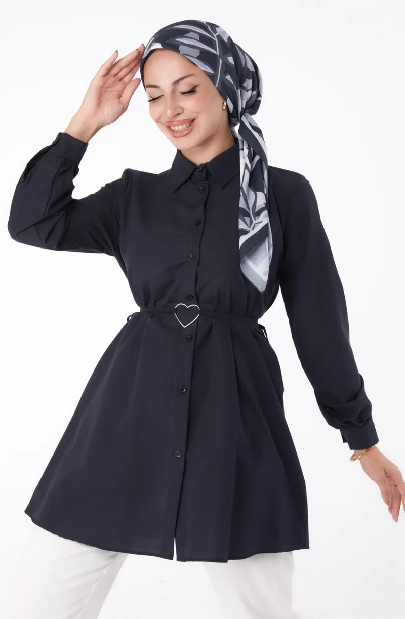Tofisa Plain Shirt Collar Women's Black Tunic - 13280