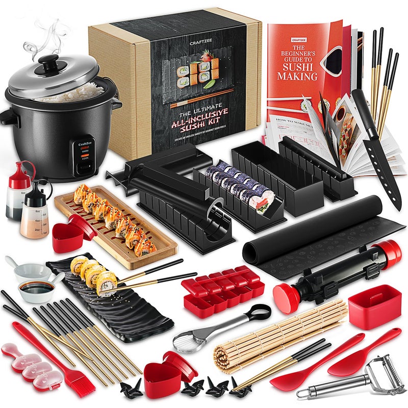 CraftZee Sushi Making Kit  Complete Sushi Maker Kit with Bazooka Roller Rice Cooker Onigiri Nigiri  Musubi Mold Rice Ball Mold Bamboo Rolling Mat Knife Guide Book  More