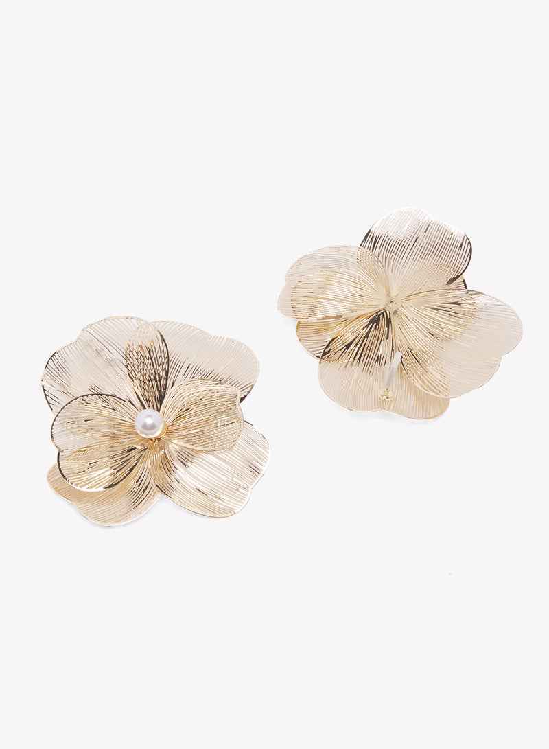 ELLA Gold Asymmetrical Floral Statement Earrings - Image 1