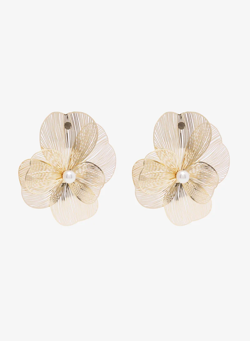 ELLA Gold Asymmetrical Floral Statement Earrings