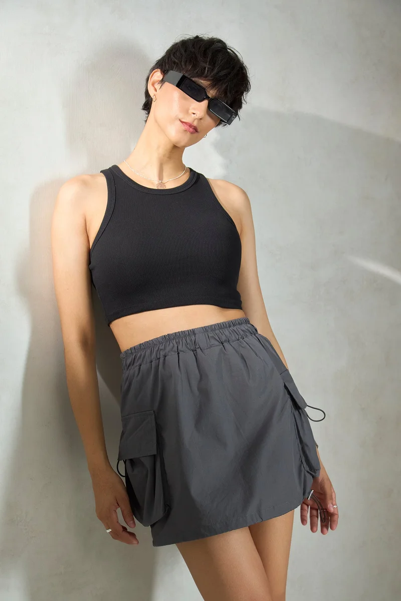 فيرجيو Solid Cotton Utility Balloon Hem Mini Skirt for Women