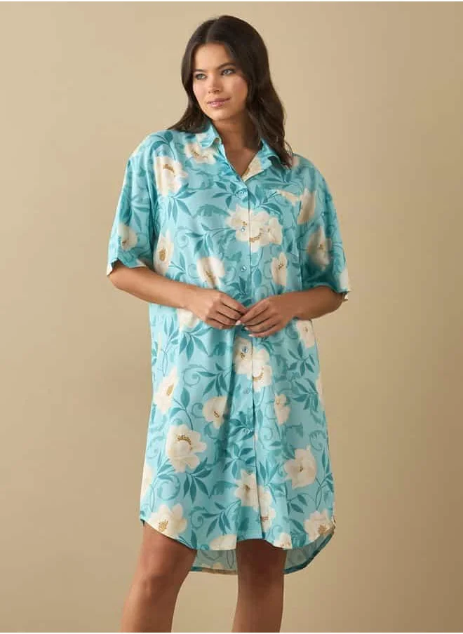 FAV All-Over Floral Print Sleepshirt with Short Sleeves