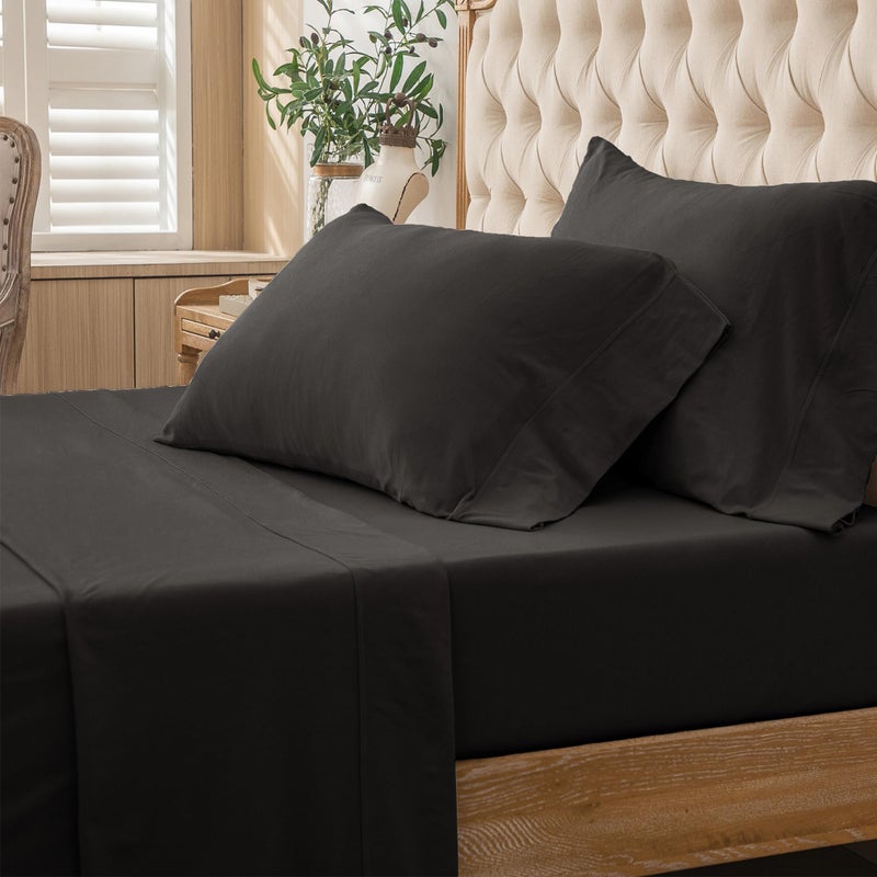 PURE ERA PURE ERA Jersey Knit 4pc Bed Sheet Set 100% T-Shirt Heather Cotton Super Soft Comfy Breathable Fits Mattress Up to 20"" Extra Deep Pocket (Solid Black  Queen)  - Image 4