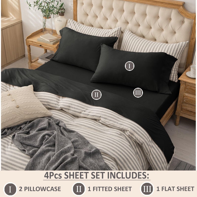 PURE ERA PURE ERA Jersey Knit 4pc Bed Sheet Set 100% T-Shirt Heather Cotton Super Soft Comfy Breathable Fits Mattress Up to 20"" Extra Deep Pocket (Solid Black  Queen)  - Image 2