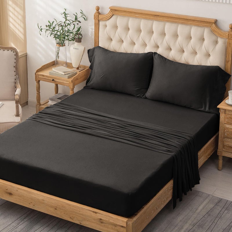 PURE ERA PURE ERA Jersey Knit 4pc Bed Sheet Set 100% T-Shirt Heather Cotton Super Soft Comfy Breathable Fits Mattress Up to 20"" Extra Deep Pocket (Solid Black  Queen)  - Image 5