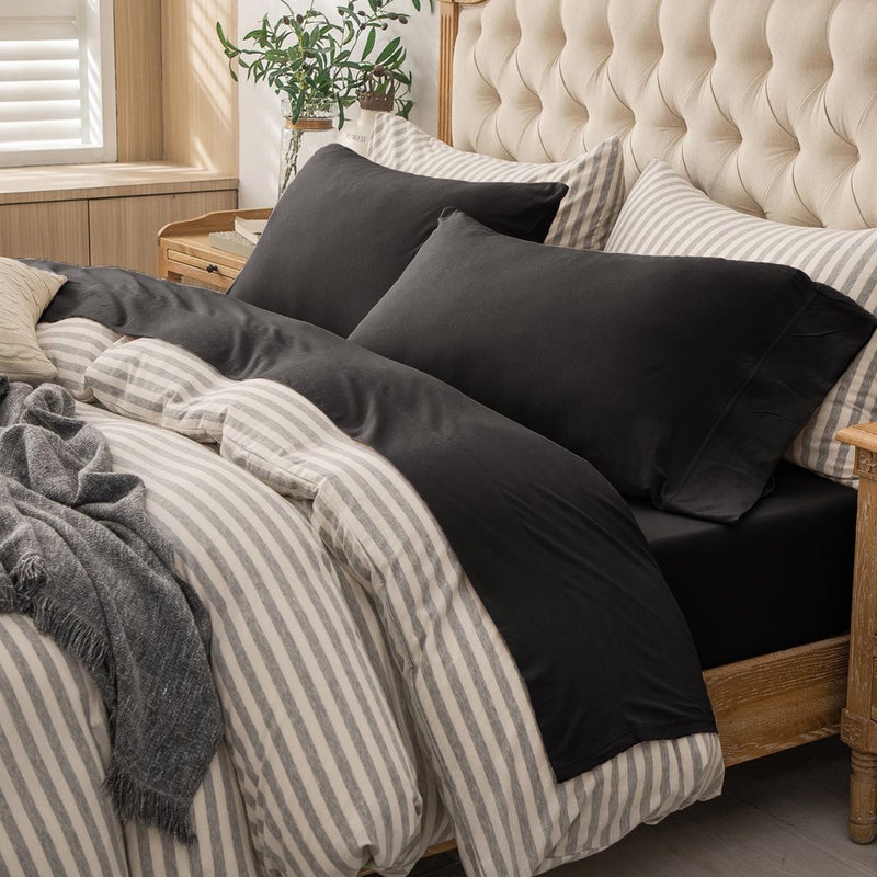 PURE ERA PURE ERA Jersey Knit 4pc Bed Sheet Set 100% T-Shirt Heather Cotton Super Soft Comfy Breathable Fits Mattress Up to 20"" Extra Deep Pocket (Solid Black  Queen)  - Image 1