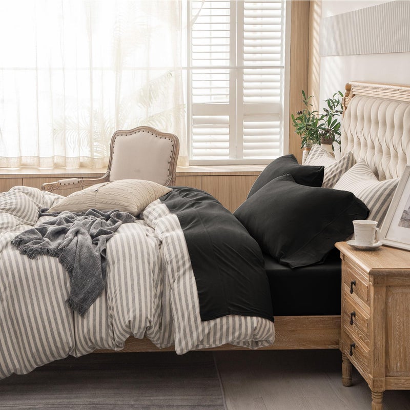 PURE ERA PURE ERA Jersey Knit 4pc Bed Sheet Set 100% T-Shirt Heather Cotton Super Soft Comfy Breathable Fits Mattress Up to 20"" Extra Deep Pocket (Solid Black  Queen)  - Image 3