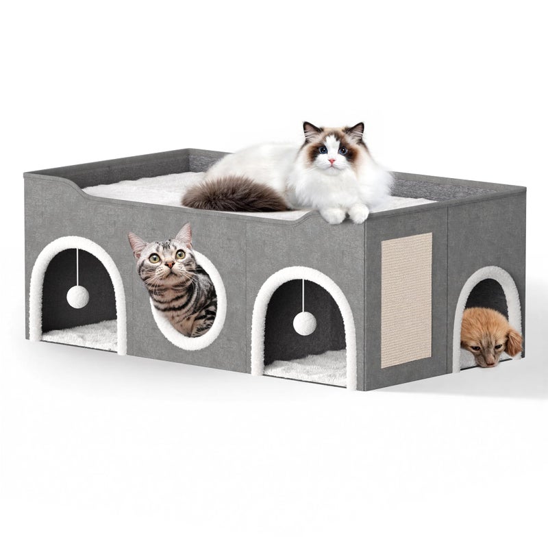 TSYPAIRS All-in-1 Extra-Wide Cat House for Indoor, Multi Cats Puppy Family, Large Cat Cave for Pet House with Fluffy Ball Hanging and Scratch Pad, Foldable Dog Hideaway - Image 1