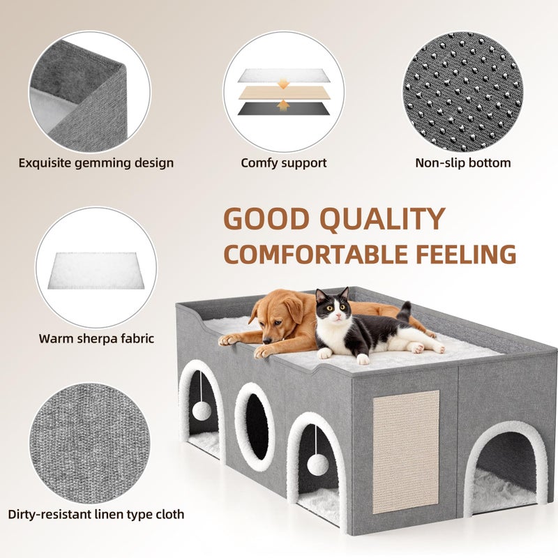 TSYPAIRS All-in-1 Extra-Wide Cat House for Indoor, Multi Cats Puppy Family, Large Cat Cave for Pet House with Fluffy Ball Hanging and Scratch Pad, Foldable Dog Hideaway - Image 3