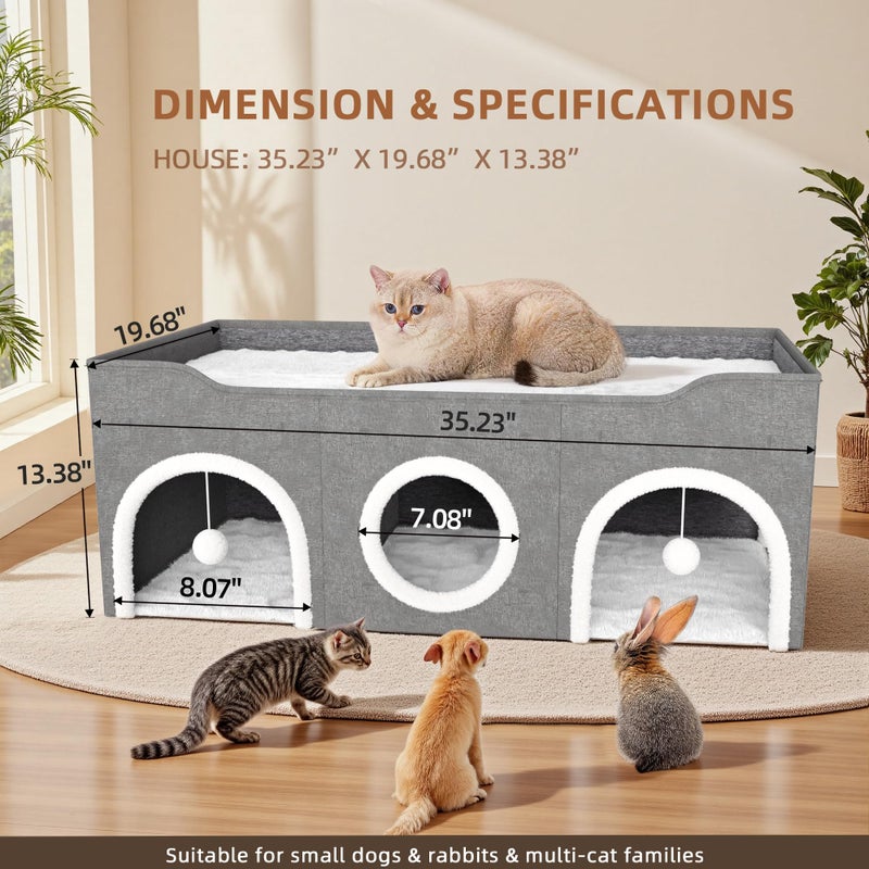 TSYPAIRS All-in-1 Extra-Wide Cat House for Indoor, Multi Cats Puppy Family, Large Cat Cave for Pet House with Fluffy Ball Hanging and Scratch Pad, Foldable Dog Hideaway - Image 2
