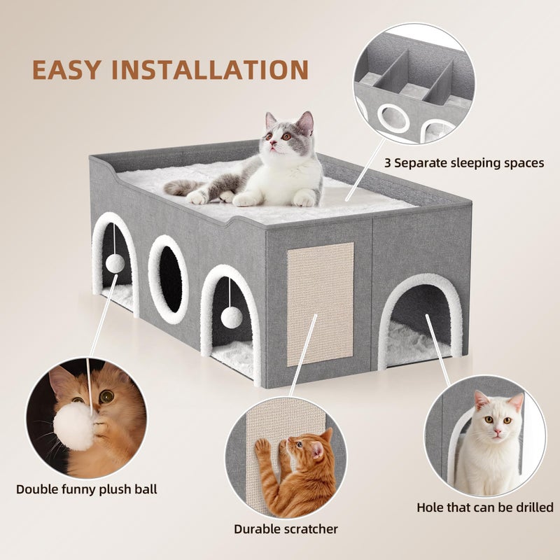 TSYPAIRS All-in-1 Extra-Wide Cat House for Indoor, Multi Cats Puppy Family, Large Cat Cave for Pet House with Fluffy Ball Hanging and Scratch Pad, Foldable Dog Hideaway - Image 4