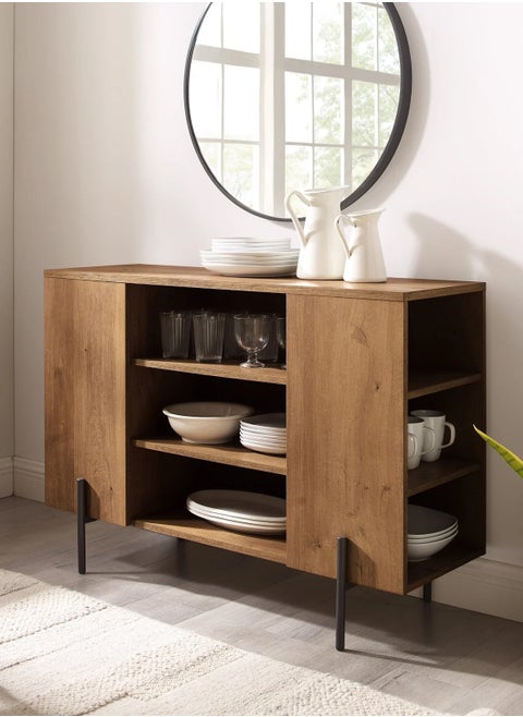 Modern Console Table with Storage - Rustic Oak Finish and Open Shelving Design