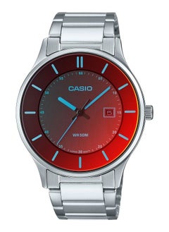 Casio Unisex Watch Analog Date Display Red Dial Polarized Glass Stainless Steel Band MTP-E605D-1EVDF