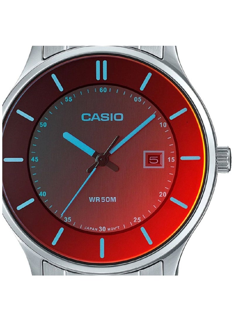 CASIO - Casio Unisex Watch Analog Date Display Red Dial Polarized Glass Stainless Steel Band MTP-E605D-1EVDF - Image 1