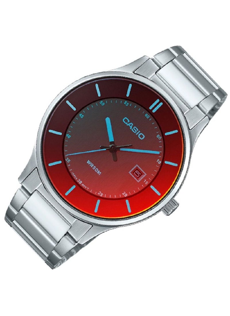 CASIO - Casio Unisex Watch Analog Date Display Red Dial Polarized Glass Stainless Steel Band MTP-E605D-1EVDF - Image 1