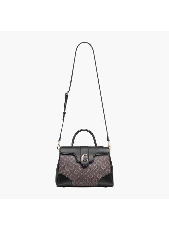 Le Confort Women Monogram Print Satchel Bag with Grab Handle and Button Closure