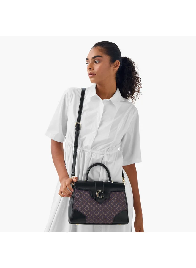 Le Confort Women Monogram Print Satchel Bag with Grab Handle and Button Closure
