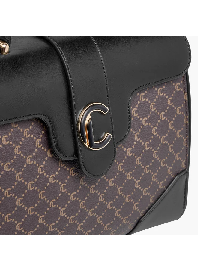 Le Confort Women Monogram Print Satchel Bag with Grab Handle and Button Closure