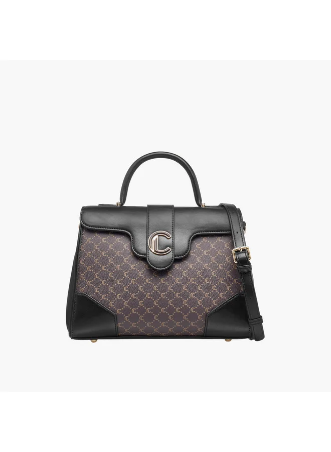 Le Confort Women Monogram Print Satchel Bag with Grab Handle and Button Closure