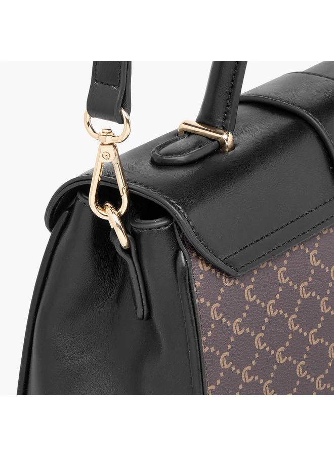 Le Confort Women Monogram Print Satchel Bag with Grab Handle and Button Closure