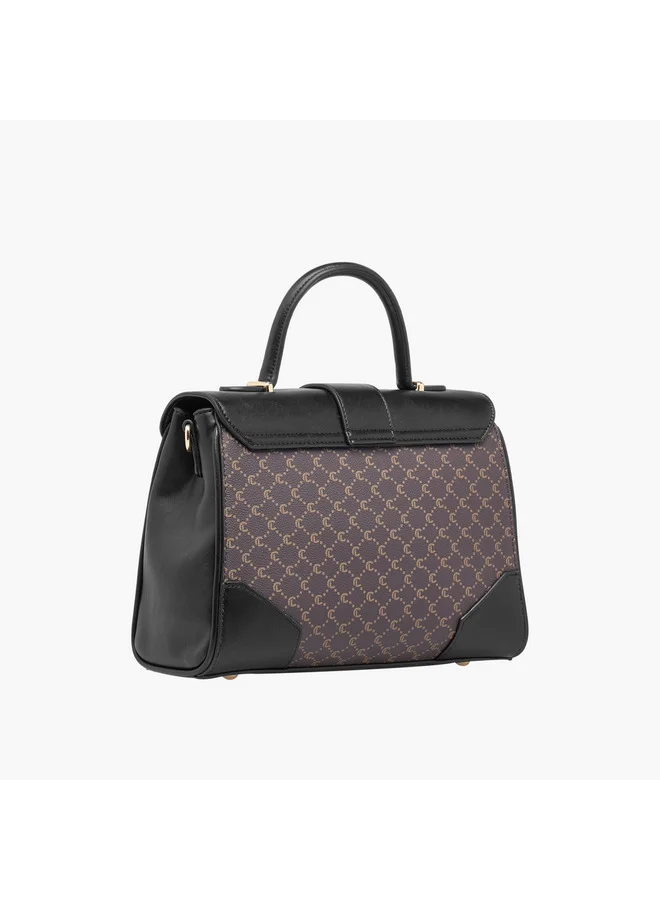 Le Confort Women Monogram Print Satchel Bag with Grab Handle and Button Closure