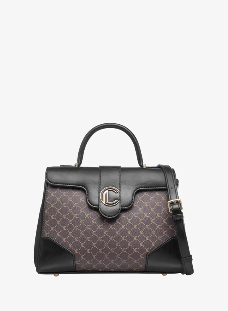 Le Confort Women Monogram Print Satchel Bag with Grab Handle and Button Closure