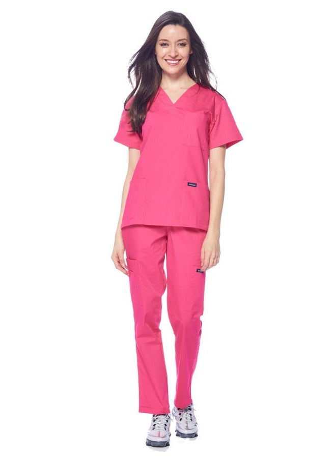 DAGACCI Women's and Men's Medical Scrubs Top and Pants Set, Hot Pink, S - Image 2