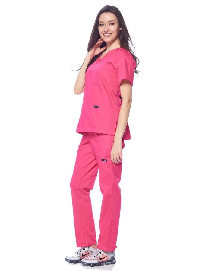 DAGACCI Women's and Men's Medical Scrubs Top and Pants Set, Hot Pink, S - Image 3